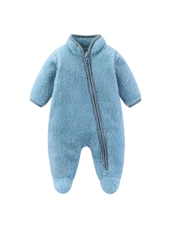 Baby Girl Fleece Footed Romper Infant Zipper Plush One‑Piece Jumpsuit Newborn Warm Sleeper Pajamas 0-3 Months Light Blue