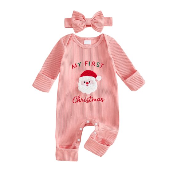 Vdoaml Baby Girl My First Christmas Romper Set Infant Embroidery Long Sleeve Jumpsuit with Matching Bow Headband 0-3 Months Pink