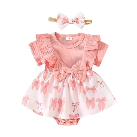Vdoaml Baby Girl Short Sleeve Bodysuit Infants Cute Romper Dress with Matching Headband Newborns Bow Print Onesies 0-3 Months Pink