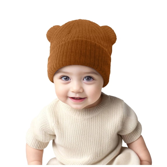 Vdoaml Baby Ribbed Knit Beanie Hat with Cute Bear Ear Infants Warm Stretchy Hats for Fall and Winter Wear 3-36 Months Coffee