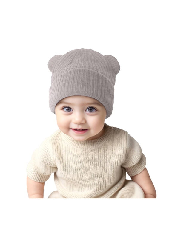 Baby Ribbed Knit Beanie Hat with Cute Bear Ear Infants Warm Stretchy Hats for Fall and Winter Wear 3-36 Months Grey