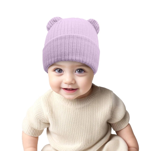 Vdoaml Baby Ribbed Knit Beanie Hat with Cute Bear Ear Infants Warm Stretchy Hats for Fall and Winter Wear 3-36 Months Pink