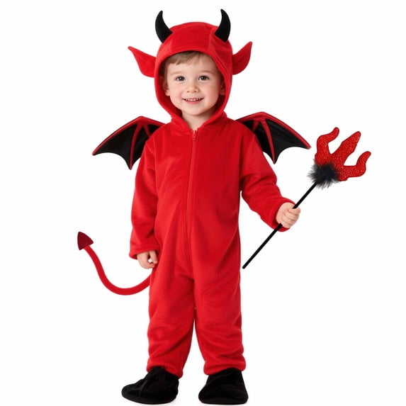 Vdoaml Christmas Devil Cos Clothes Set for Toddler Boy Fleece Hooded Zipper Jumpsuits with Wing and fork Xmas Outfits Size 2-3 Years