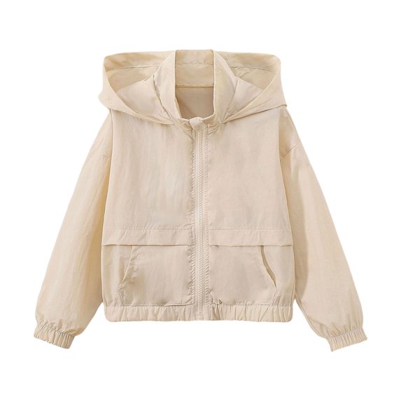 Vdoaml Girls Cropped Hooded Jacket Kids Full Zip Wind Coat Children Elastic Hem Long Sleeve Outerwear 11-12 Years Beige