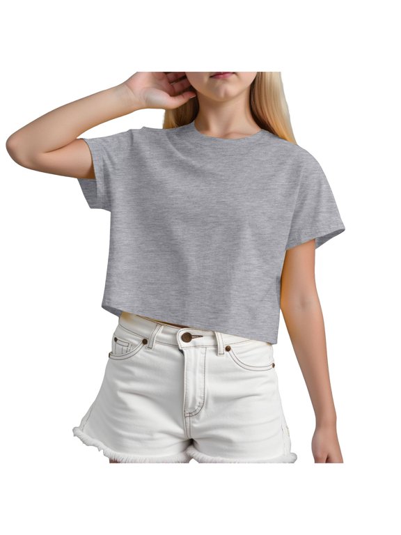 Girls Cropped Short Sleeve T-Shirt Kids Crew Neck Casual Crop Tee Children Loose Fit Basic Summer Top 9-10 Years Grey
