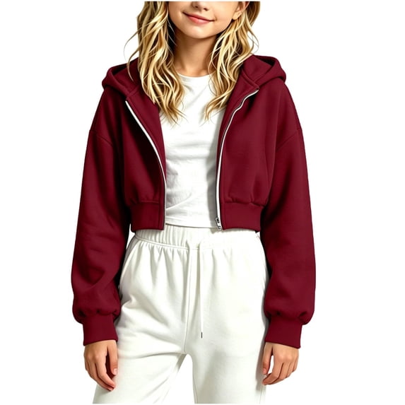 Vdoaml Girls Cropped Zip Up Hoodie Jacket Kids Long Sleeve Loose Fit Casual Hooded Sweatshirt Outerwear 9-10 Years Wine