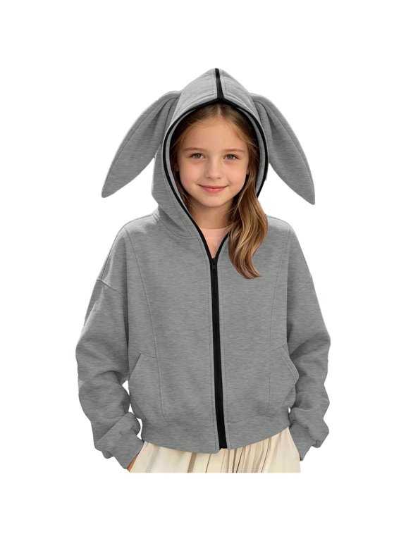 Girls Cute Rabbit Ear ZipāUp Hooded Jacket Kids Long Sleeve Loose Casual Outerwear Children Hoodie Coat 7-8 Year Grey