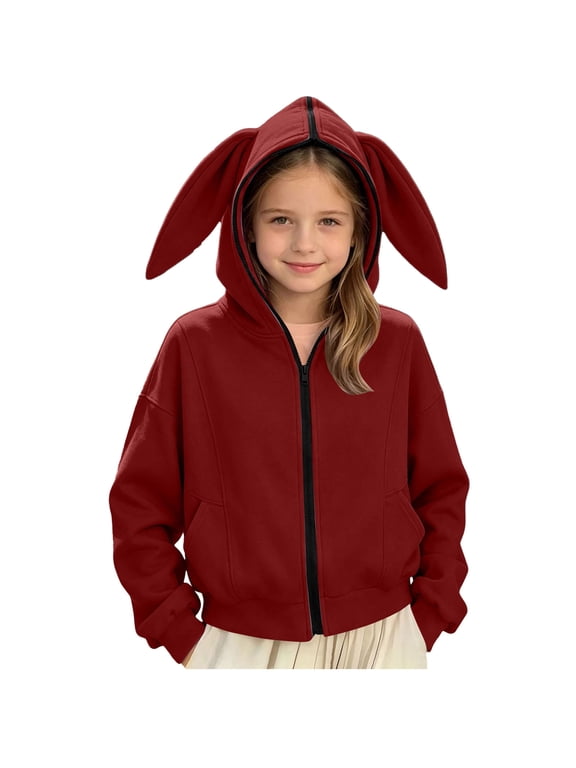 Girls Cute Rabbit Ear ZipāUp Hooded Jacket Kids Long Sleeve Loose Casual Outerwear Children Hoodie Coat 7-8 Year Wine