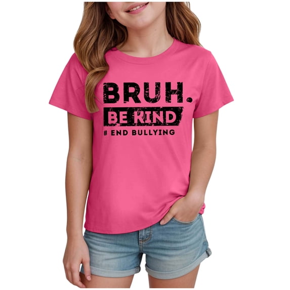 Vdoaml Girls End Bullying Graphic T-Shirt Kids Short Sleeve Crew Neck Tee Children Summer Casual School Top 11-12 Years Hot Pink