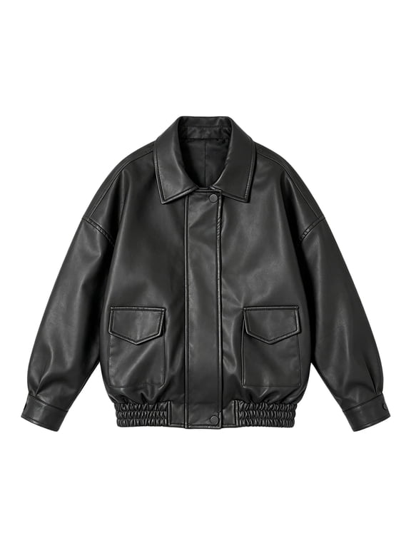 Girls Faux Leather Jacket Kids Lapel Collar Button Down Cropped Coat Children Long Sleeve Casual Outerwear 5-6 Years Black