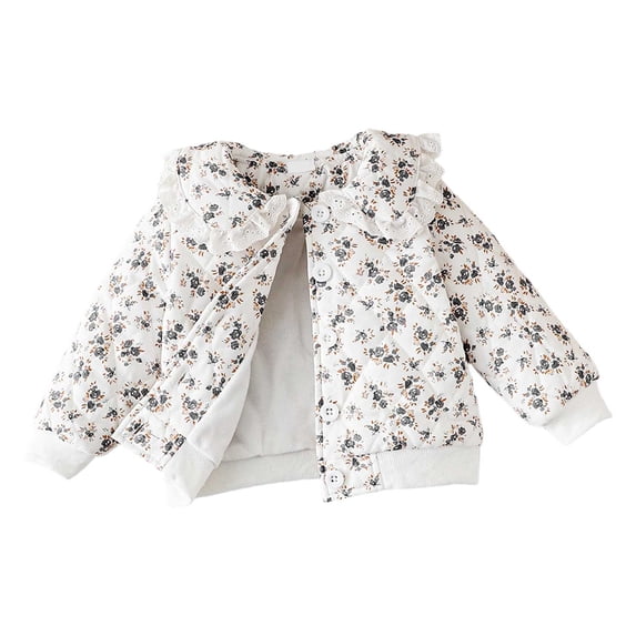 Vdoaml Girls Floral Quilted Padded Jacket Kids Lace Doll Collar Button Casual Coat Children Winter Warm Outerwear 18-24 Months White