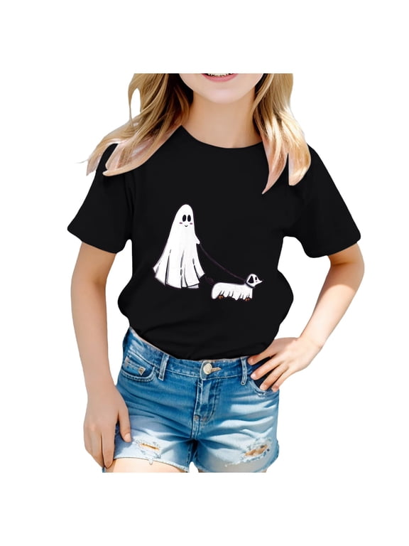 Girls Ghost Walking Dog Graphic T-Shirt Kids Short Sleeve Crew Neck Tee Children Casual Halloween Top 18-24 Months Black