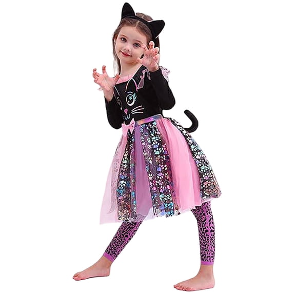 Vdoaml Girls Halloween Costume Set Kids Long Sleeve Tulle Dress with Leopard Leggings Headband and Tail Accessories 7-8 Years Black