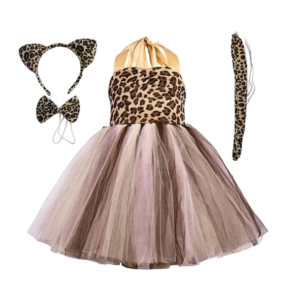 Vdoaml Girls Halloween Performance Costume Kids Tutu Dress Set Halter Mesh Skirt with Accessories Animal Cosplay Outfit 7-8Years Khaki