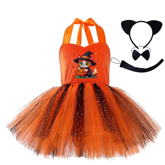 Vdoaml Girls Halloween Tutu Costume Dress Kids Halter Cat Print Tulle Skirt with Headband Bow and Tail Accessories 1-2 Years Brown