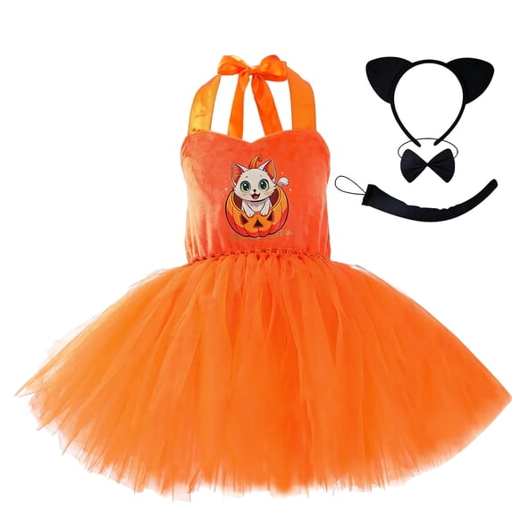 Vdoaml Girls Halloween Tutu Costume Dress Kids Halter Cat Print Tulle Skirt with Headband Bow and Tail Accessories 6-12 Months Orange