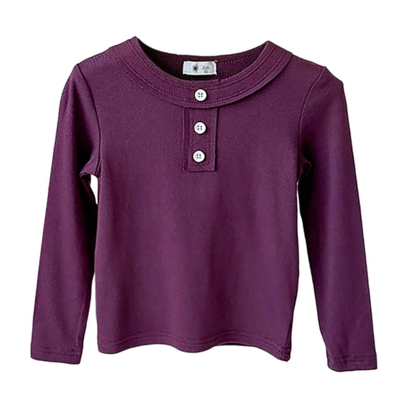 Vdoaml Girls Henley Long Sleeve Shirt Kids Button Crew Neck Top Children Slim Fit Basic Pullover Daily Wear 9-10 Years Dark Purple