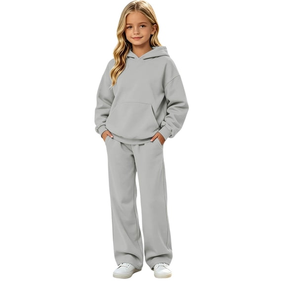 Vdoaml Girls Hooded Sweatshirt 2 Piece Outfit Children Long Sleeve Hoodie Sweatpants Set Teen Casual Fall Sweatsuit 11-12 Years Grey