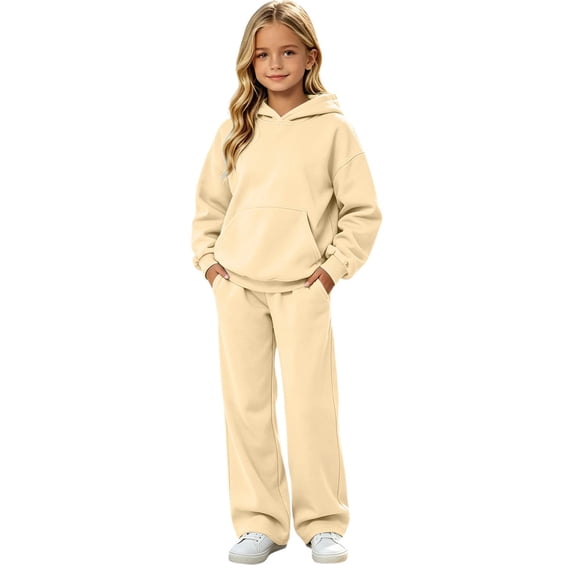 Vdoaml Girls Hooded Sweatshirt 2 Piece Outfit Children Long Sleeve Hoodie Sweatpants Set Teen Casual Fall Sweatsuit 5-6 Years Yellow