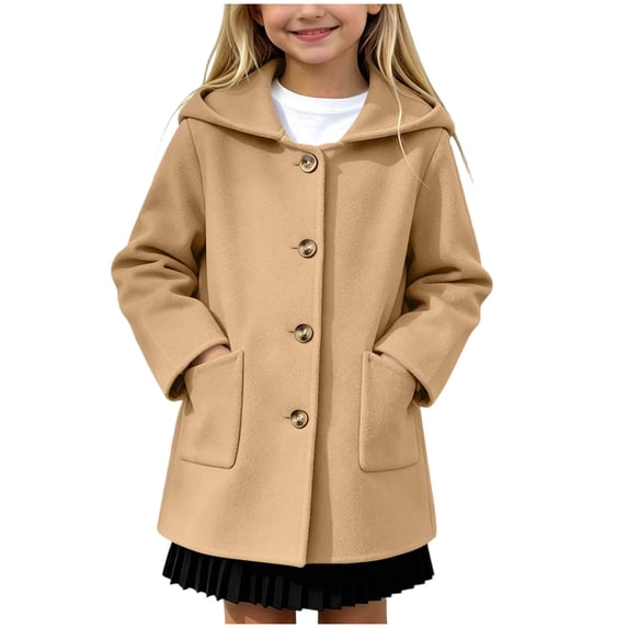 Vdoaml Girls Hooded Wool Blend Coat Kids Single Breasted Button Down Mid Length Outerwear with Side Pockets 10-11 Years Khaki