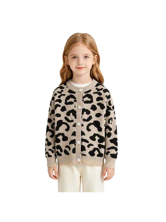Girls Leopard Print Knit Cardigan Sweater Children Button Down Long Sleeve Knitwear Kids Loose Jacket 11-12 Years Beige