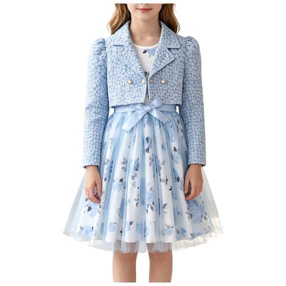 Vdoaml Girls Long Sleeve Jacket Floral Print Tulle Sleeveless Dress 2 Piece Outfit Kids Fall Sweet Dressy Set 11-12 Years Sky Blue