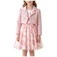 thumbnail image 1 of Vdoaml Girls Long Sleeve Jacket Floral Print Tulle Sleeveless Dress 2 Piece Outfit Kids Fall Sweet Dressy Set 7-8 Years Pink, 1 of 5