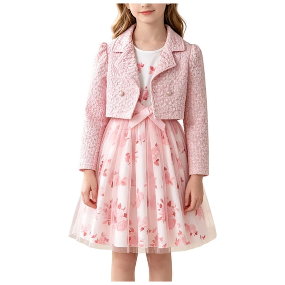 Vdoaml Girls Long Sleeve Jacket Floral Print Tulle Sleeveless Dress 2 Piece Outfit Kids Fall Sweet Dressy Set 7-8 Years Pink
