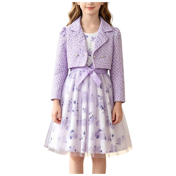 Vdoaml Girls Long Sleeve Jacket Floral Print Tulle Sleeveless Dress 2 Piece Outfit Kids Fall Sweet Dressy Set 7-8 Years Purple