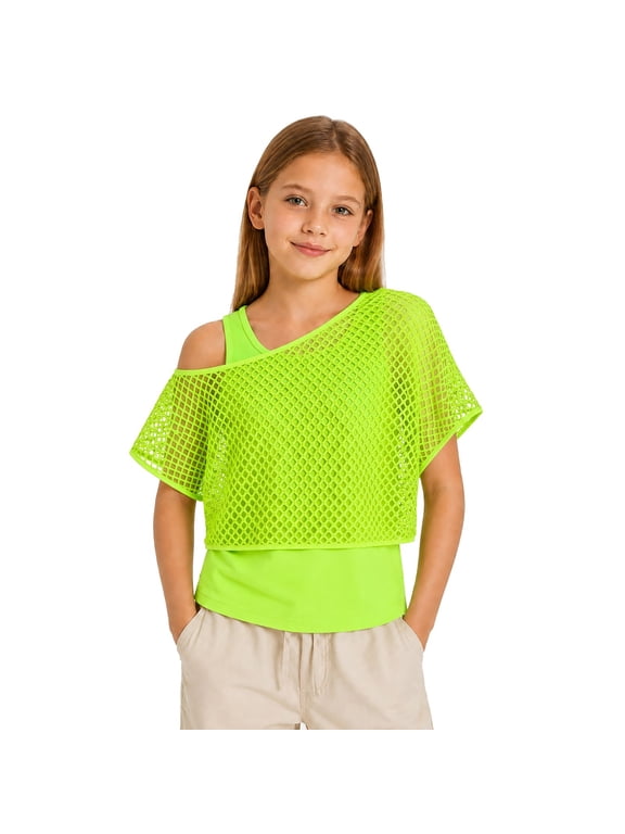 Girls Mesh Cutout Short Sleeve Top Kids Cold Shoulder Overlay with Cami Tank Children Casual Summer Top 8-9 Years Green