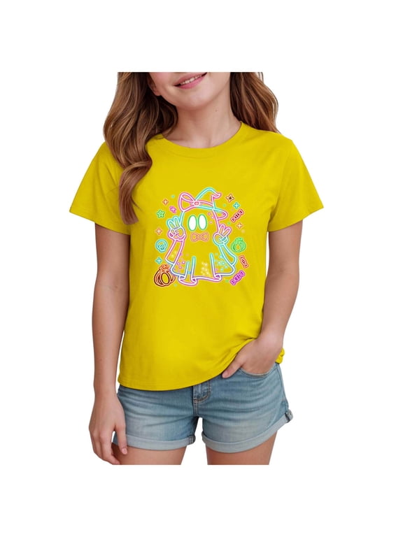 Girls Neon Ghost Graphic T-Shirt Kids Crew Neck Short Sleeve Tee Children Halloween Trick Or Treat Party Top 9-10 Years Yellow