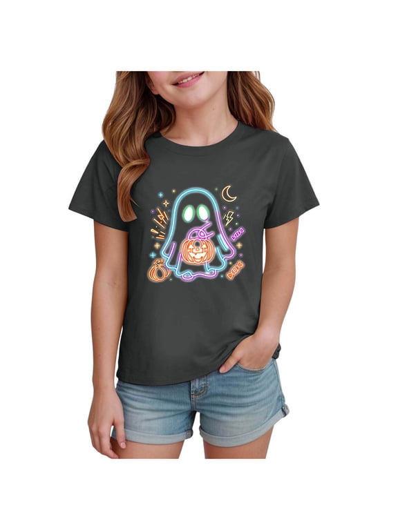 Girls Neon Ghost Halloween Graphic T-Shirt Kids Crew Neck Short Sleeve Tee Children Cute Summer Casual Top 5-6 Years Grey