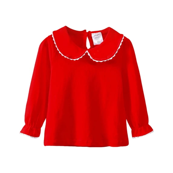 Vdoaml Girls Peter Pan Collar Long Sleeve Top Kids Back Keyhole Opening Shirt Children Sweet Casual Blouse 3-6 Months Red