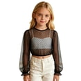 thumbnail image 1 of Vdoaml Girls Polka Dot Mesh Long Sleeve Crop Top Kids Sheer Dirndl Blouse Children Cute Layered Party Outfit 11-12 Years Black, 1 of 3