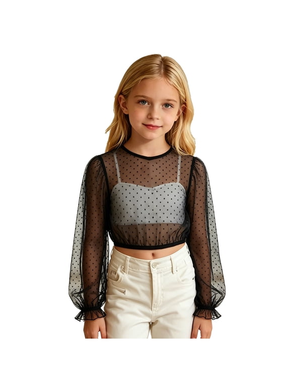 Girls Polka Dot Mesh Long Sleeve Crop Top Kids Sheer Dirndl Blouse Children Cute Layered Party Outfit 11-12 Years Black