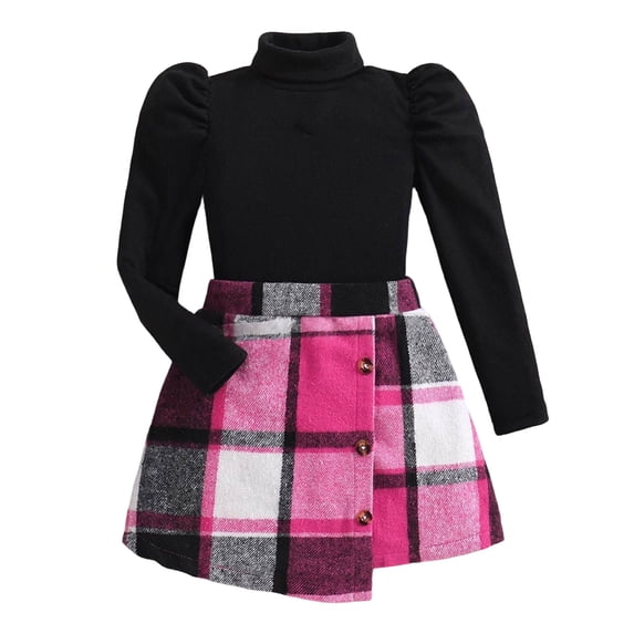 Vdoaml Girls Puff Sleeve Turtleneck Top Skort Set Kids Fall Winter 2 Piece Outfit Children Casual Dressy Clothing 4-5 Years Black