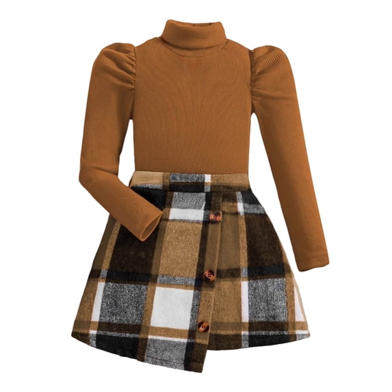 Vdoaml Girls Puff Sleeve Turtleneck Top Skort Set Kids Fall Winter 2 Piece Outfit Children Casual Dressy Clothing 5-6 Years Brown