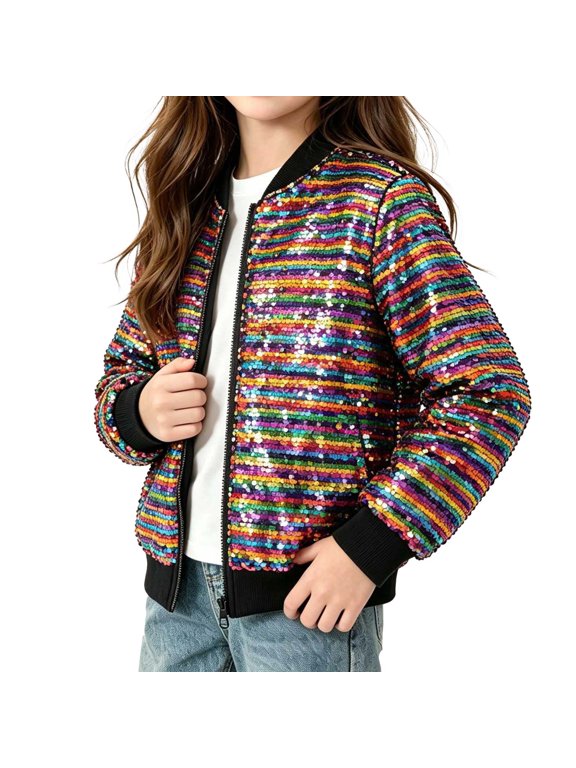 Girls Sequin Bomber Jacket Kids Full Zip Long Sleeve Sparkly Coat Children Party Performance Outerwear 1-2 Years Pink