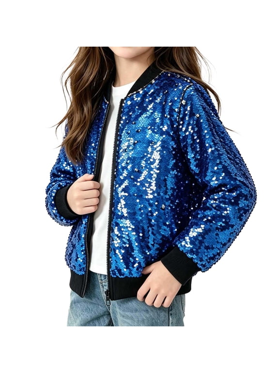 Girls Sequin Bomber Jacket Kids Full Zip Long Sleeve Sparkly Coat Children Party Performance Outerwear 9-10 Years Blue