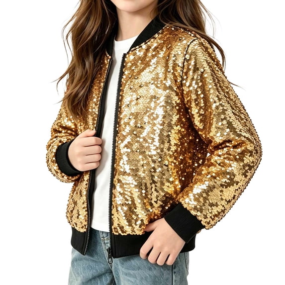 Vdoaml Girls Sequin Bomber Jacket Kids Full Zip Long Sleeve Sparkly Coat Children Party Performance Outerwear 9-10 Years Gold