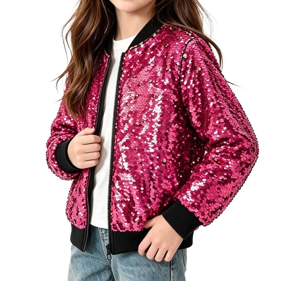 Vdoaml Girls Sequin Bomber Jacket Kids Full Zip Long Sleeve Sparkly Coat Children Party Performance Outerwear 9-10 Years Hot Pink