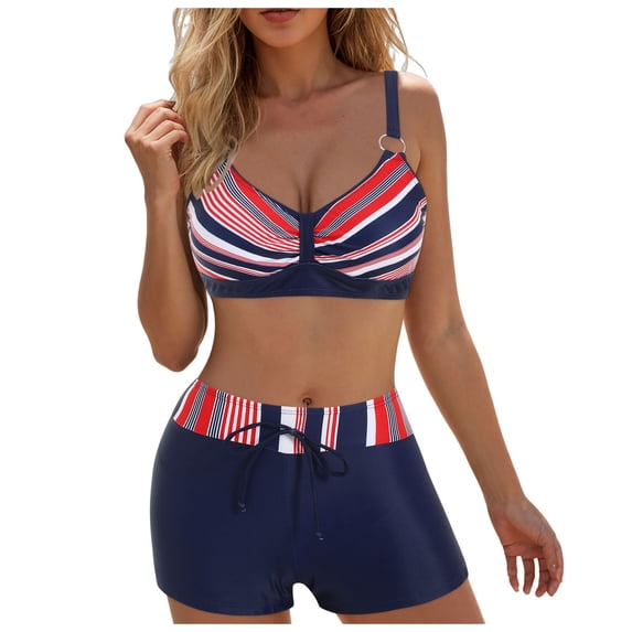 Vdoaml High Waisted Bikini Sets for Women V Neck Top Board Shorts 2 Piece Swimsuit Ladies Athletic Bathing Suit M Dark Blue