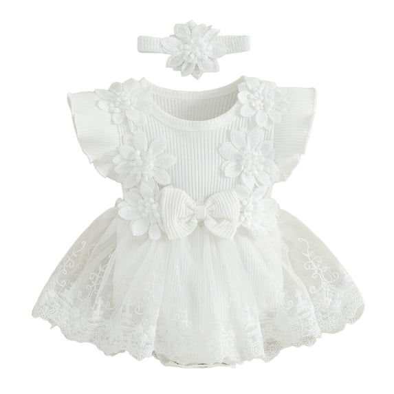 Vdoaml Infant Flutter Sleeve Romper Dress Bow Headband 2 Piece Set Baby Girls Lace Mesh Dresses Newborn Tutu Skirt 0-3 Months White