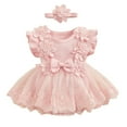 thumbnail image 1 of Vdoaml Infant Flutter Sleeve Romper Dress Bow Headband 2 Piece Set Baby Girls Lace Mesh Dresses Newborn Tutu Skirt 12-18 Months Red, 1 of 4