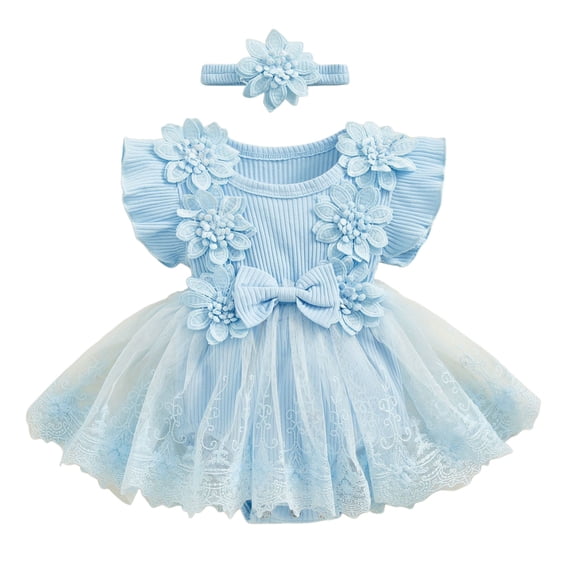 Vdoaml Infant Flutter Sleeve Romper Dress Bow Headband 2 Piece Set Baby Girls Lace Mesh Dresses Newborn Tutu Skirt 6-12 Months Blue
