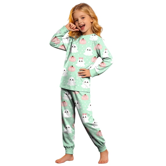 Vdoaml Kids Halloween Print Pajama Little Girls Long Sleeve Top Pants Two Piece Set Children Sleepwear Nightwear 2-3 Years Sky Blue