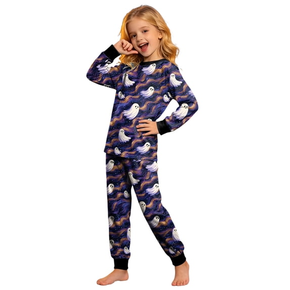 Vdoaml Kids Halloween Print Pajama Little Girls Long Sleeve Top Pants Two Piece Set Children Sleepwear Nightwear 7-8 Years Blue