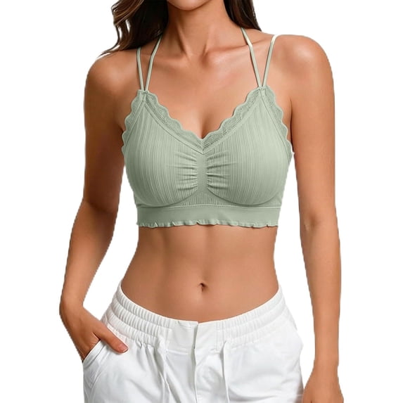 Vdoaml Lace Trim Sports Bras for Women Spaghetti Strap V Neck Crop Tops Ladies Soft Stretchy Yoga Bra One Size Green