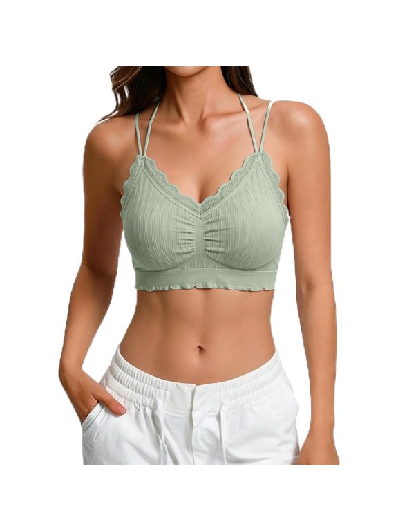 Lace Trim Sports Bras for Women Spaghetti Strap V Neck Crop Tops Ladies Soft Stretchy Yoga Bra One Size Green