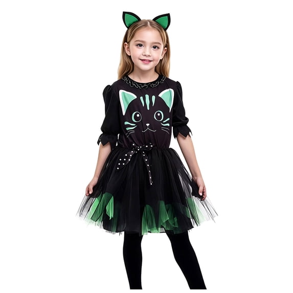 Vdoaml Little Girls Halloween Costume Set Kids Short Sleeve Cat Print Tutu Dress Headband for Cosplay Performance 5-6 Years Black